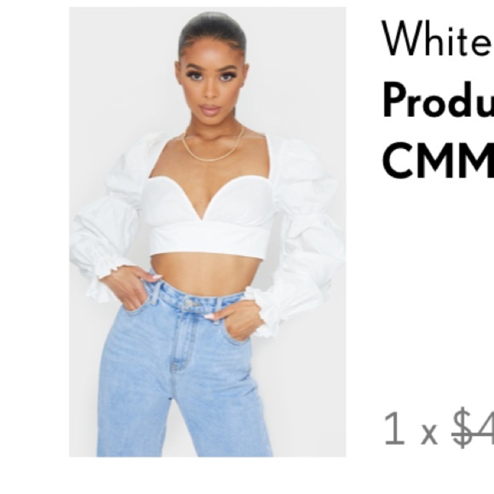 White woven ruched cup puff long sleeve crop top